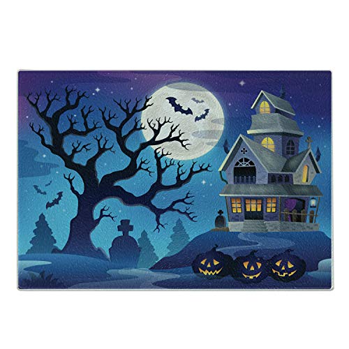 Lunarable Haunted Mansion Cutting Board Spooky Themed Halloween Castle Under Full Moon with Flying Bats Decorative Tempered Glass Cutting and Serving Board Large Size Sky Blue