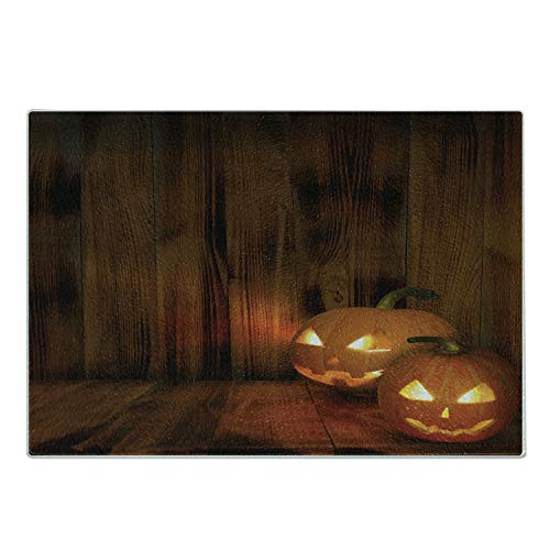 Lunarable Pumpkin Cutting Board Jack O Lanterns Scary Halloween Photograph in a Wooden Interior Fall Themed Image Decorative Tempered Glass Cutting and Serving Board Small Size Orange Black