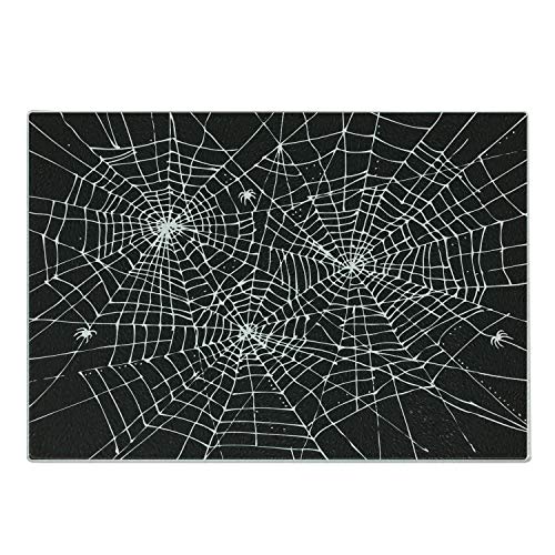 Lunarable Spiderweb Cutting Board Greyscale Halloween Style Web Design Composition Scary Themes Print Decorative Tempered Glass Cutting and Serving Board Small Size Grey and Charcoal