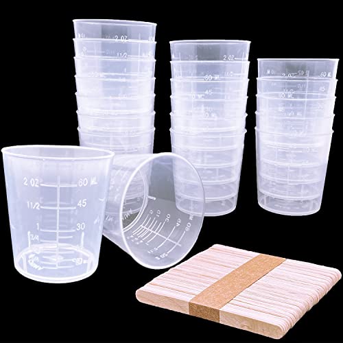 30 Pcs Plastic Graduated Cups 60ml2oz Clear Scale Cups with 50 Pcs Wooden Stirring Sticks for Epoxy Resin Stain Mixing Paint