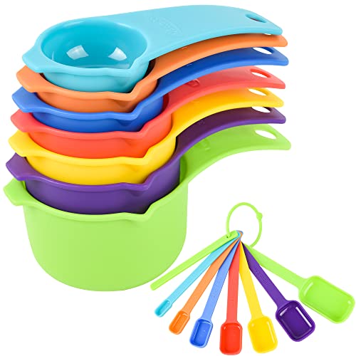 IFFMYJB Plastic Measuring Cups and Spoons Set of 15  7 Cups and 7 Spoons with Leveler Stackable Nesting Cups and Spoons Set Great for Baking and Cooking BPA Free (Random Color)