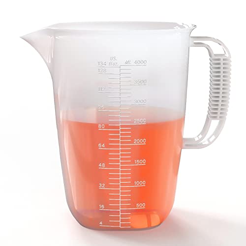 Luvan 134oz Plastic Measuring Pitcher Large Measuring Cup with Spout and Handle Oil Measuring Container 1 Gallon Measuring Pitcher for Motor Oil Chemicals Pools Lawns and Kitchens