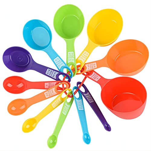 Plastic Measuring Cups and Spoons Set of 12 Plastic Measuring Cups of 6 and Plastic Measuring Spoons of 6 Plastic Measuring Cups Spoons for Baking and Cooking Rainbow Color