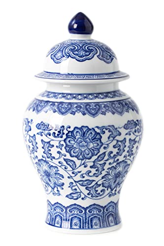 Blue and White Ginger Jar Ceramic Chinoiserie Decorative Jars for Home Office Flower Vase Pocelain Glossy Vase for Table Living Room Bookshelf Mantle Fireplace Centerpieces