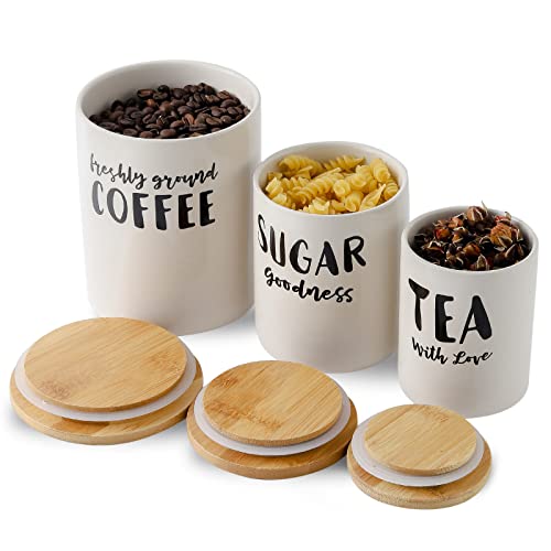 Ceramic Jar Canisters Sets for the Kitchen Airtight Coffee Container Set of 3 Farmhouse Tea and Sugar Containers for Countertop (White)