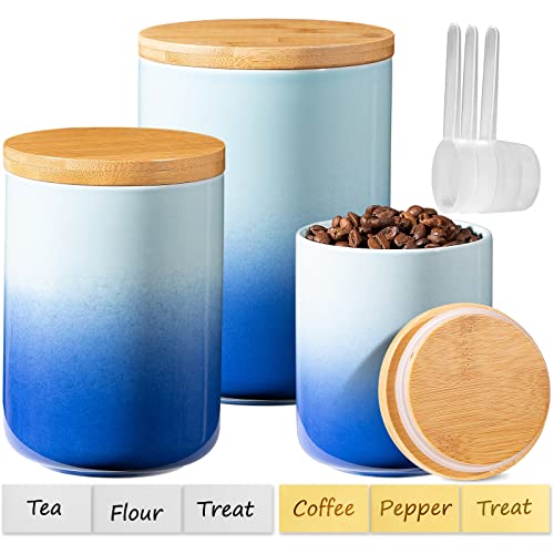 Kitchen Canisters with Bamboo LidsSet of 3 Food Storage Jar 843215 OZ Airtight Seal Ceramic Canister with Measuring Spoons and Stickers Kitchen Containers for CoffeeSugarTea Farmhouse