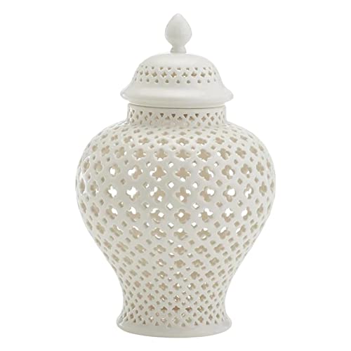 MagiDeal Ceramic Ginger Jar with Lid Decorative Flower Vase Display Jars Lattice Crafts for Countertop Decor  White