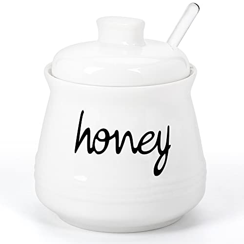 Swetwiny Porcelain Honey Jar with Lid and Glass Honey Stick 12oz Ceramic Honey Dispenser with Dipper for Home Kitchen