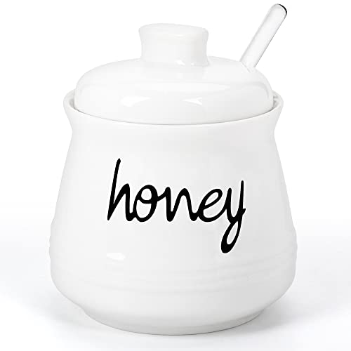 Swetwiny Porcelain Honey Jar with Lid and Glass Honey Stick 12oz Ceramic Honey Dispenser with Dipper for Home Kitchen