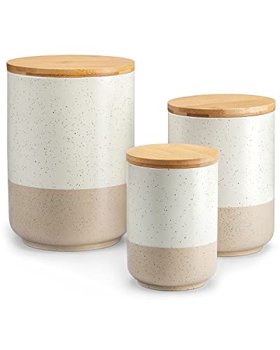 vancasso Canister Sets for Kitchen Counter Ceramic Food Storage Jars with Airtight Wood Lids Large Kitchen Canisters for Coffee Sugar Tea Flour Spice (Set of 3)