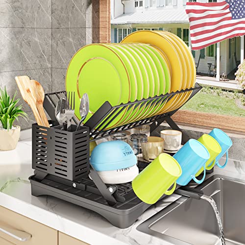 Dish Drying Rack Foldable Kitchen Counter Dish Drainers Rack AutoDrain Stainless Steel Large Strainers Over Sink Drying Rack with Utensil Holder Caddy Organizer Black