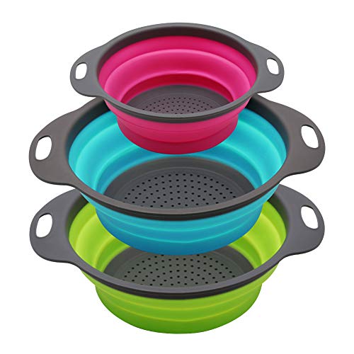 Qimh Collapsible Colander Set of 3 Round Silicone Kitchen Strainer Set  2 pcs 4 Quart and 1 pcs 2 Quart Perfect for Draining Pasta Vegetable and fruit (greenblue purple)