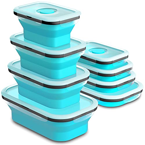 Set of 4 Collapsible Foldable Silicone Food Storage Container With BPA Free Leftover Meal Box With Airtight Plastic Lids For Kitchen (Blue)