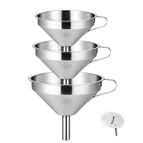 NaDale Large Stainless Steel Funnels for Kitchen Transfer Liquid Filter Essential Cook Oils Fluid Spice Dry Ingredients Powder Food Grade Set 3 Pack 435159 with 1 Pack Removable Strainer