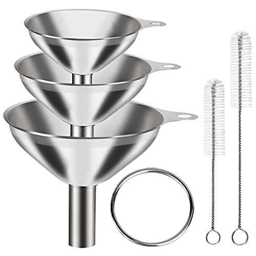 VOPTON 6 Pcs Stainless Steel Mini Funnels for Kitchen use Large Tiny Small Funnel Set of 3 Metal Cooking Powder Food Grade Flask Funnels for Filling Bottles Liquor Water Spice 2Pcs Cleaning Brushes