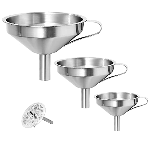 Weymier Food Grade Stainless Steel Funnels for Kitchen Use with 1 Removable Strainer 3 Pcs Metal Funnels for Filling Bottles Transfer (433 512 59)