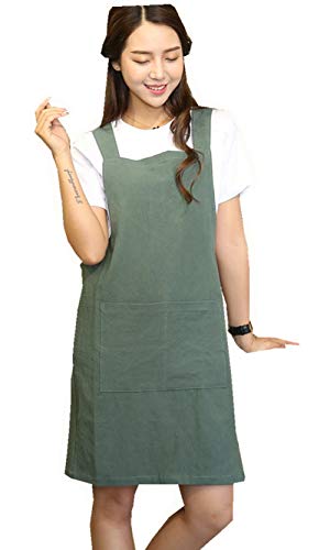 H Shoulder Straps Soft Cotton Linen Apron Solid Color Halter Cross Bandage Aprons Japan Style X Shape Kitchen Cooking Clothes Chef Summer Fit (Army Green)
