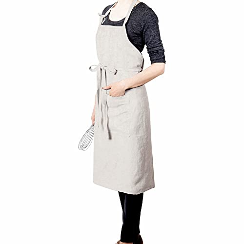 LK PureLife Stonewashed 100 French Linen ApronAdjustable with Pockets for Women MenNatural Linen