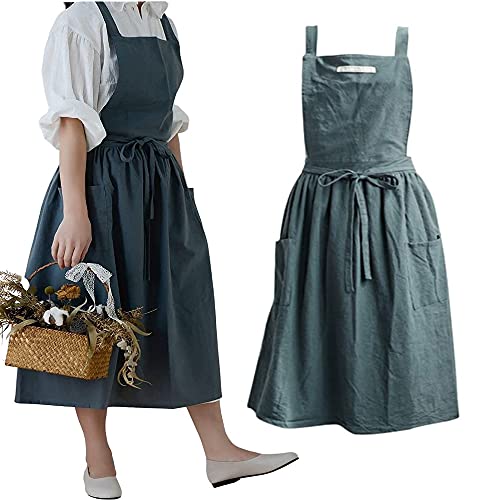 SFZXTINP Cotton and linen Kitchen Cooking Aprons Dress for Women with Pockets Cute for Baking Painting Gardening Cleaning