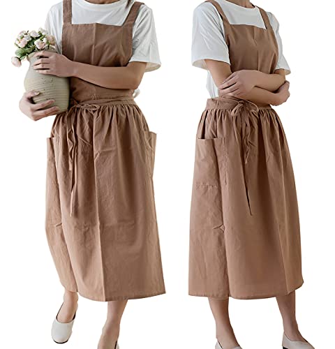 Women Cotton Linen Cross Back Apron with Pockets for Gardening Works Pinafore Dress
