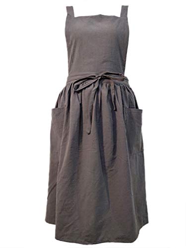 Women Girls Vintage Apron Adjustable Gardening Works Cross Back CottonLinen Blend Aprons Pinafore Dress with Two Pockets (grey one size)