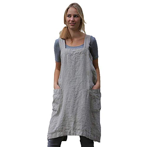 Womens Pinafore Square Apron Baking Cooking Gardening Works Cross Back CottonLinen Blend Dress with 2 Pockets