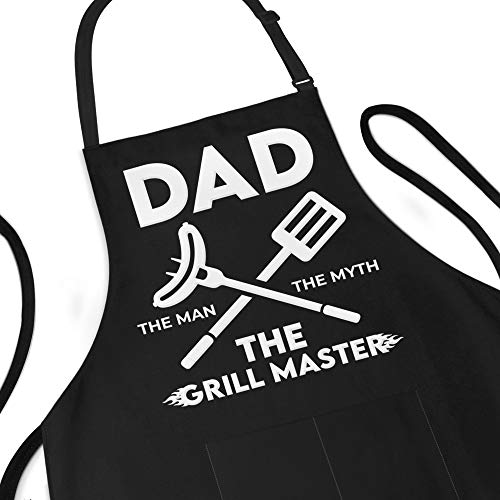 Funny Apron for Men  Dad The Man The Myth The Grill Master  Adjustable Large 1 Size Fits All  PolyCotton Apron with 2 Pockets  BBQ Gift Apron for Father Husband Chef