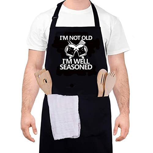 Grill Aprons for Men  Im Well Seasoned  BBQ Aprons for Men Grilling Aprons Chef Cooking Apron with 2 Pockets  Adjustable Neck Strap for Grilling Birthday Gifts for Dad Mens