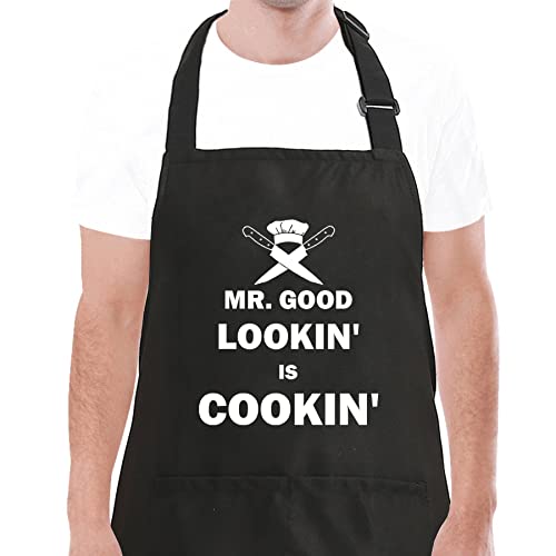 OzosKeiw Funny Grilling Aprons for Men with 2 Pockets Mr Good Looking is Cooking BBQ Kitchen Chef Apron Grill Gifts for Father Dad Husband Friends
