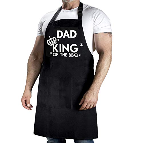 YuanDe Funny Grilling Apron for Dad  King of the BBQ  One Size Fits All  Chef Kitchen Cooking Grill Barbecue Apron with 3 Large Pockets for Man  Men Black Grill Apron for Outdoor BBQ