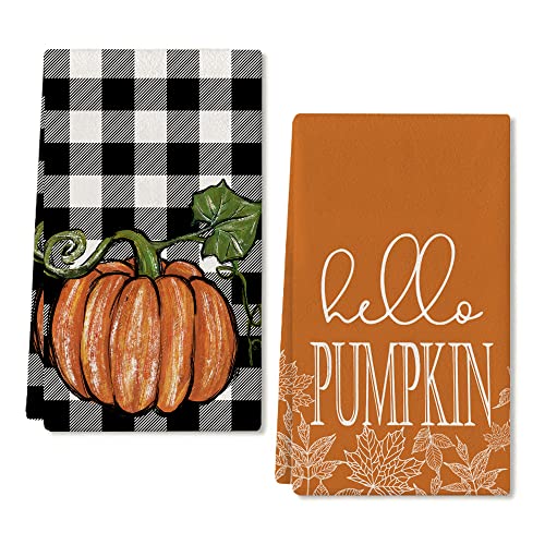 Fall Dish Towels for Fall Decor Watercolor Pumpkin Maple Leaves Kitchen Towels 18x26 Inch Buffalo Plaid Autumn Thanksgiving Ultra Absorbent Bar Drying Cloth Tea Sign Hand Towel for Cooking Set of 2