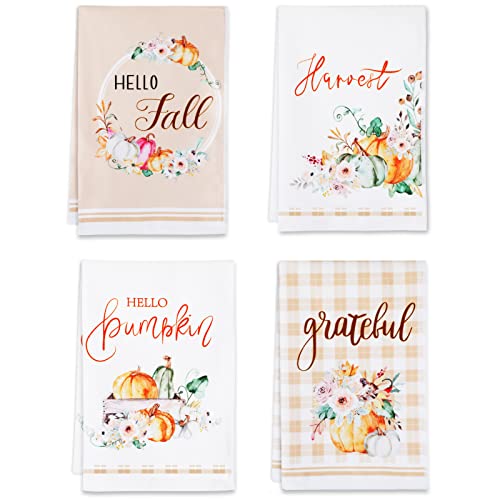 Thanksgiving Kitchen Towels Fall Pumpkin Dish Towels Absorbent Hand Towels Thanksgiving Rustic Decor Faint Yellow Pumpkin Kitchen Decorations Harvest Holiday Dishcloths for Cooking Baking Set of 4