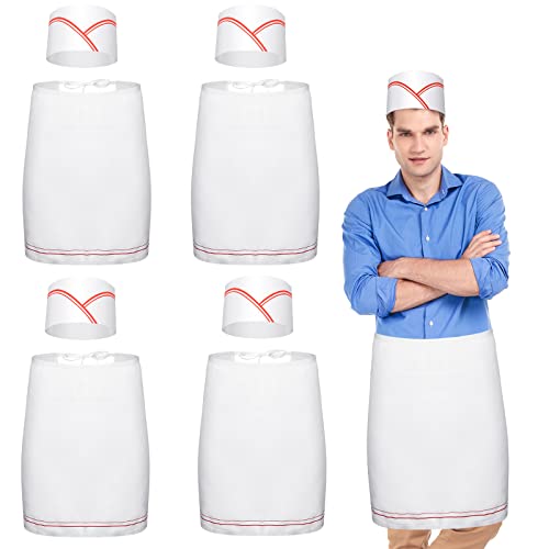 4 Set Soda Hat with Half Bistro Apron Set Include 4 Paper Cooking Chef Hats Food Service Cap and 4 Waitress Half Apron for Theme Restaurant Party Mens Womens Halloween Costume