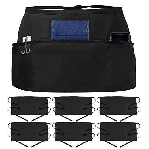 Yiclick 6 Pack Black Waterproof Server Waitress Half Aprons for Women Men with Pockets Kitchen Accessories Apron for Waist Waiter Chef for Cooking BBQ Grill Grilling