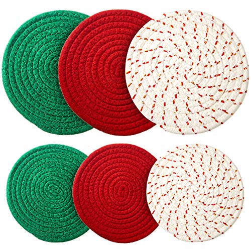 6 Pieces Pot Trivets Large Braided Woven Trivet Coaster Cotton Thread Weave Cup Coaster Hot Pot Dish Trivet Pad Mat for Kitchen Cooking Supplies (Red Green White with Red Gold7 Inch and 47 Inch)