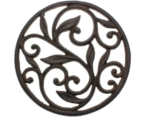 Cast Iron Trivet  Round with Vintage Pattern  Decorative Cast Iron Trivet For Kitchen Or Dining Table  77 Diameter  Rust Brown Color  With Rubber Pegs by Comfify