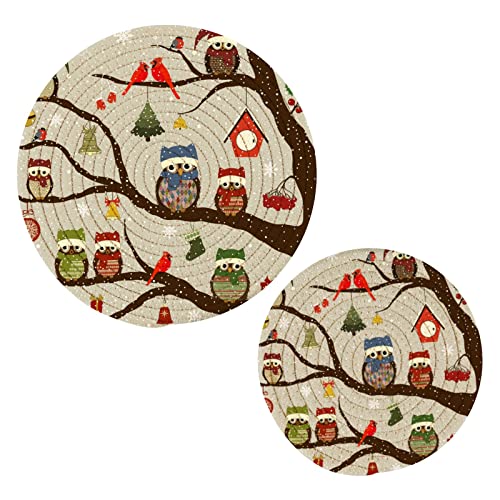 Christmas Owls Kitchen Pot Holders 2 Pack Tree Birds Trivet Mats Set 100 Cotton Round Thread Weave Hot Pads Stylish Coasters for Baking Cooking Cups Dinning Counter
