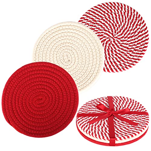 KAKAMAY Pot Holders for Kitchen Trivet Set 100 Cotton Thread Weave(Set of 3)Hot Pads for Kitchen Trivets for Hot Dishes Hot Pots and Pans by Diameter 7 Inch Red
