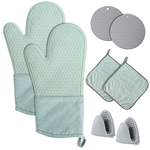 Oven Mitts and Pot Holders Set 8 Pcs Extra Long Silicone Gloves Kitchen Accessories High Heat Resistant 450 Degree Potholder with NonSlip Surface Soft Inner Lining for Cooking Baking