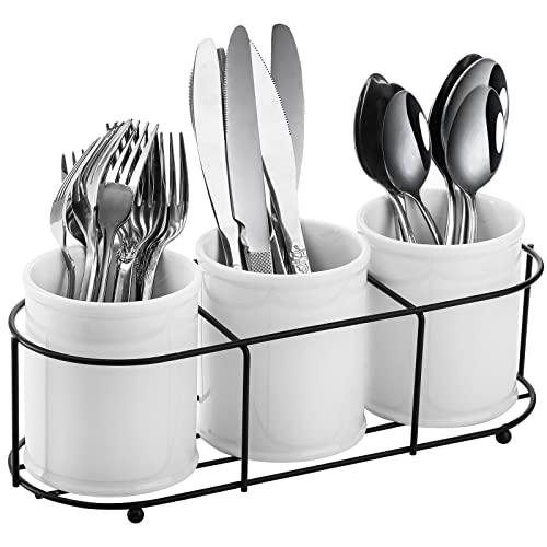 Bekith 3Piece Ceramic Silverware Caddy with Metal Rack Utensil Holder Flatware Caddy Cutlery Storage Organizer for Kitchen Table Cabinet or Pantry