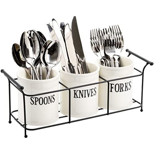 Bekith 3Piece White Ceramic Silverware Caddy with Black Metal Rack Utensil Holder Flatware Caddy Cutlery Storage Organizer for Kitchen Table Cabinet or Pantry