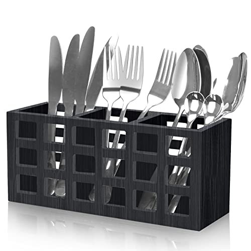 Farmhouse Wooden Silverware Utensil Caddy Cutlery Holder Storage Container for Kitchen Countertop Table Fork Knife Spoon Pantry Organizer Bin Wood Silverware Holder Flatware Caddy