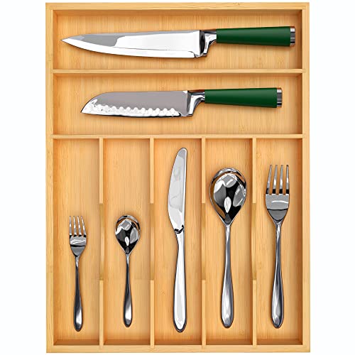Luxury Bamboo Kitchen Drawer Organizer  Silverware OrganizerUtensil Holder and Cutlery Tray with Grooved Drawer Dividers for Flatware and Kitchen Utensils (7 Slot Natural)