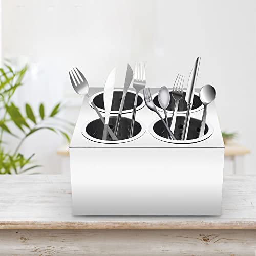 Commercial Flatware Cylinder Holder 4 Holes Flatware Silverware Utensil Holder Organizer Canddy Stainless Steel Knife and Fork Box Countertop
