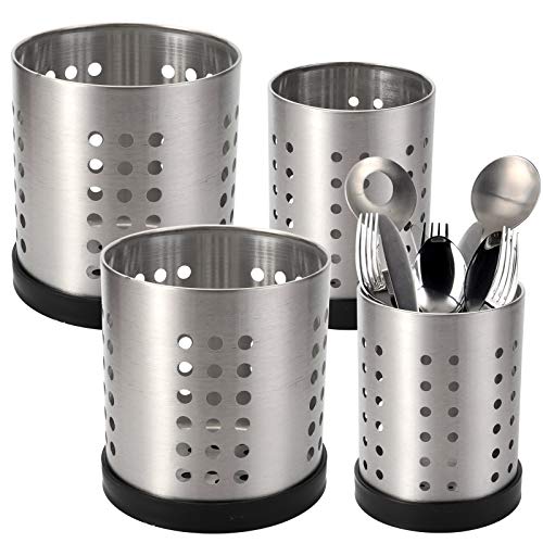 TOPZEA Set of 4 Kitchen Utensil Holder Stainless Steel Cooking Utensil Organizer Kitchen Tools Flatware Holder Utensil Drying Cylinder Countertop Silverware Caddy