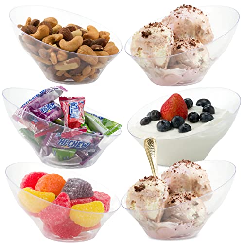 6 oz Mini Angled Clear Plastic Bowls (Pack of 16) Elegant Hard Plastic Disposable Dessert  Candy Bowls for Serving Snacks Ice Cream Toppings Appetizers Weddings Catering Party Baby Showers