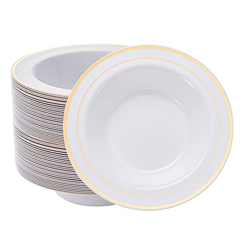 N9R 30 Pack Disposable Soup Bowls with Gold Rim 12 Oz Fancy Plastic Soup Bowls for Holidays Parties Weddings Cateringand Everyday Use