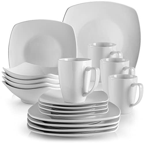 Zulay 16 Piece Dinnerware Sets  Porcelain White Dinnerware Set Premium Quality Service For 4  Includes 4 White Dishes and Plates Sets 4 Soup Bowls 4 Mugs and 2 Sponges