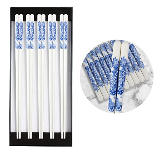 5 Pairs Porcelain Chopsticks Reusable Dishwasher Safe Highgrade Bone Ceramics Chopsticks with Delicate Box (Lantern Flower)