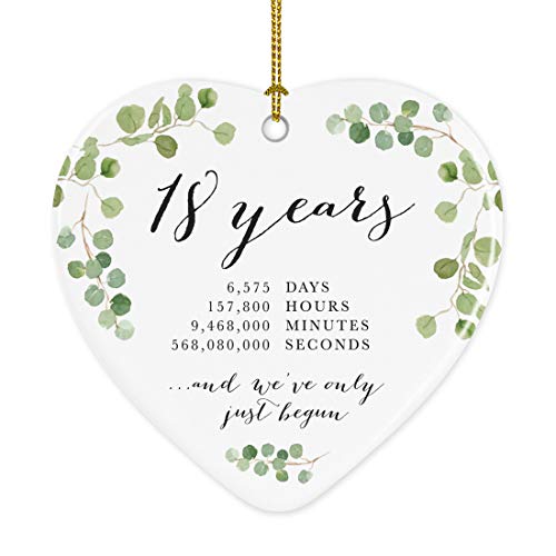 Andaz Press Heart Porcelain Ceramic 18th Wedding Anniversary Christmas Tree Ornament Gift 18 Years 6575 Days 157800 Hours 9468000 Minutes 568080000 Seconds 1Pack Inc Gift Box